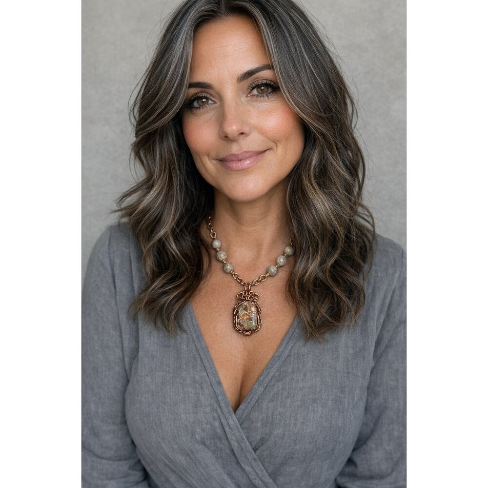 Brecciated Jasper 20" Necklace & Earrings 2" rectangle cabochon copper wire